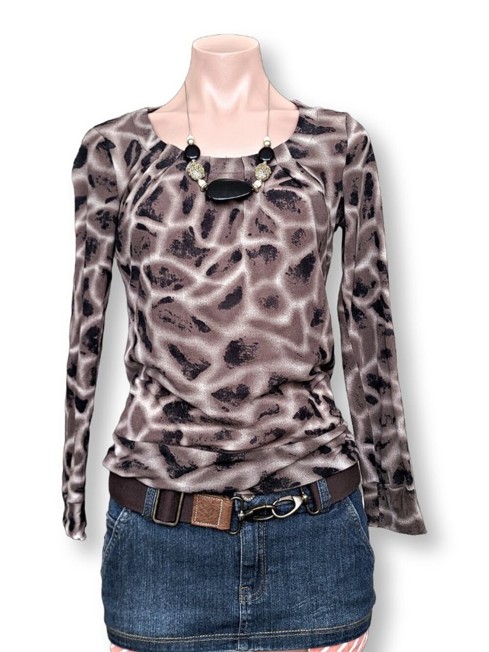 Cloe Leopard Animal Print Brown Boho Long Sleeve Vintage Top Shirt (S)